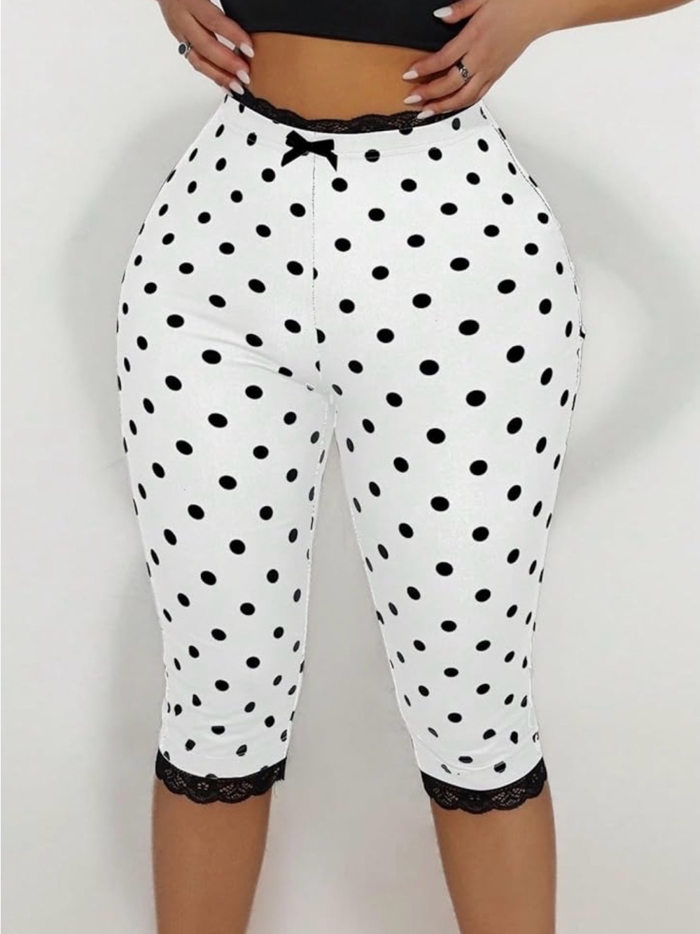 🆕 Polka Dot Lace-Trim Crop Pants - White with Black Dots
